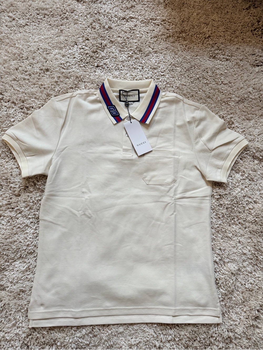Gucci Men’s Cream Polo with Blue and Red Striped Collar